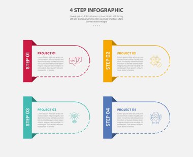 Slayt sunum vektörü için 4 nokta adım şablonu ve yuvarlak kabı ve dikdörtgen rozeti olan 4 noktalı bilgi çizim biçimi