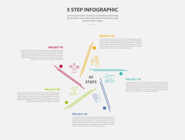 Slayt sunum vektörü için çizgi ve daire yapısı ile 5 nokta adım şablonu ile 5 noktalı bilgi ana hatları biçimi