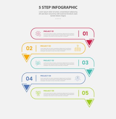 Slayt sunum vektörü için 5 nokta basamak şablonu ve uzun yuvarlak dikdörtgen ile 5 nokta bilgi ana hatları biçimi