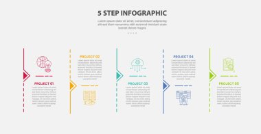 Slayt sunum vektörü için zaman çizgisi biçiminde 5 nokta adım şablonu ve dikey çizgi ayırıcı ile 5 şablon bilgi çizimi biçimi