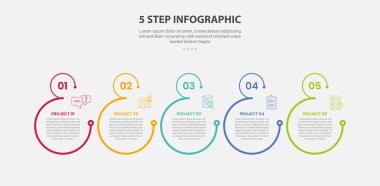 Slayt sunum vektörü için 5 nokta adım şablonu ve üzerinde küçük bir daire olan 5 nokta bilgi çizimi biçimi