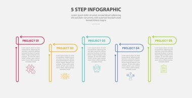 Slayt sunum vektörü için ok başlıklı açık tablolu 5 nokta basamak şablonu ile 5 noktalı bilgi ana çizim biçimi