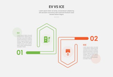 EV vs ICE technology infographic outline style with 2 point comparison template with creative arrow ups and down opposite direction for slide presentation vector clipart