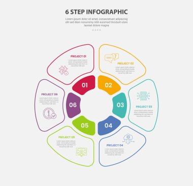 Dairesel döngü tabanlı slayt sunum vektörü için 6 nokta adım şablonu ve yaratıcı daire çizelgesi tarzıyla 6 nokta bilgi ana hatları biçimi