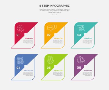 Slayt sunum vektörü için yarım dilimlenmiş yaratıcı kutu kabı ile 6 nokta basamak şablonu ile 6 nokta bilgi ana hatları biçimi