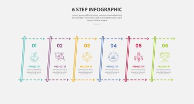Slayt sunum vektörü için noktalı ok çizgisine sahip 6 nokta basamaklı şablon ve 6 nokta basamaklı ana hatlar biçimi