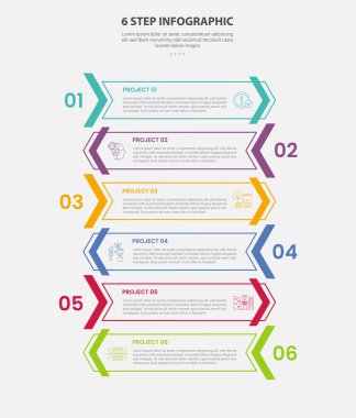 Slayt sunum vektörü için 6 nokta adım şablonu ve dikdörtgen ok taşıyıcısı dikey yığını ile 6 noktalı bilgi ana çizim biçimi