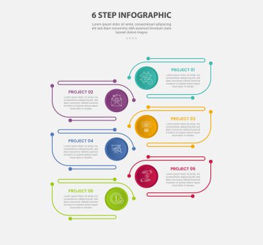 Slayt sunum vektörü için daire rozetli, yaratıcı yuvarlak dikdörtgenli 6 nokta basamak şablonu ile 6 nokta bilgi ana hatları biçimi