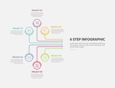 Slayt sunum vektörü için kenarda daireler çizen yaratıcı çizgi ok ağlı 6 nokta basamak şablonu ile 6 noktalı bilgi ana çizim biçimi