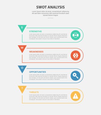 SWOT analizi, slayt sunum vektörü için 4 nokta şablonu, yuvarlak dikdörtgen şekli ve ok kenarı olan bilgi çizgisi biçimi