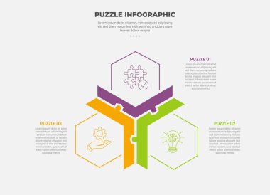 puzzle infographic outline style with 3 point template with hexagon shape on triangle shape structure connection for slide presentation vector clipart