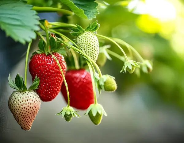 stock image Sweet hundreds of strawberries fruit still hanging on the tree