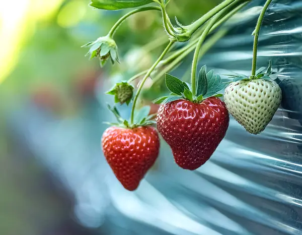 stock image Sweet hundreds of strawberries fruit still hanging on the tree