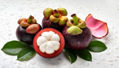 Yaratıcı gıda konsepti. Yarım olgunlaşmış Mangosteen 'den taze bir yığın yaprak..