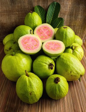  Fresh a pile of close-up guava fruit, pink, fresh, organic. mock up.	