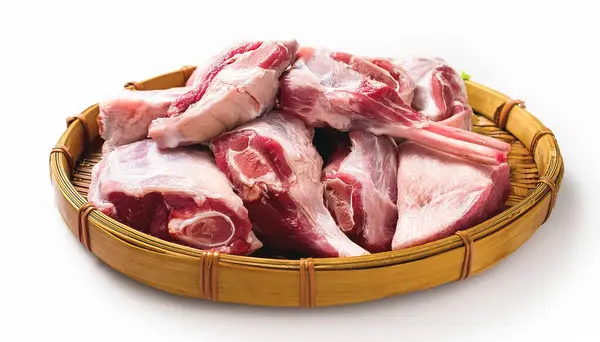 stock image Lamb raw meat in the bamboo plate or besek at the Feast of Qurban during Eid Al Adha Al Mubarak isolated on white background