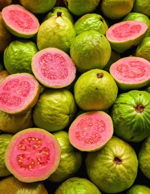  Fresh a pile of close-up guava fruit, pink, fresh, organic. mock up.	