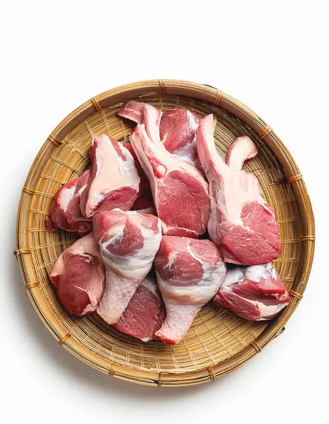 stock image Lamb raw meat in the bamboo plate or besek at the Feast of Qurban during Eid Al Adha Al Mubarak isolated on white background