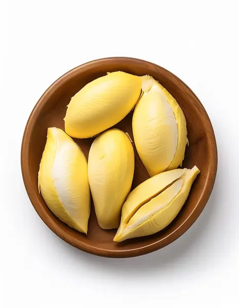 stock image fresh durian flesh slice in wooden bowl isolated on white background