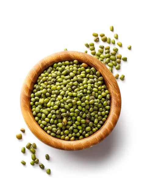 stock image mung beans in wooden bowl isolated on white background