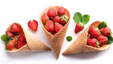 strawberry ice cream cones isolated on white background clipart