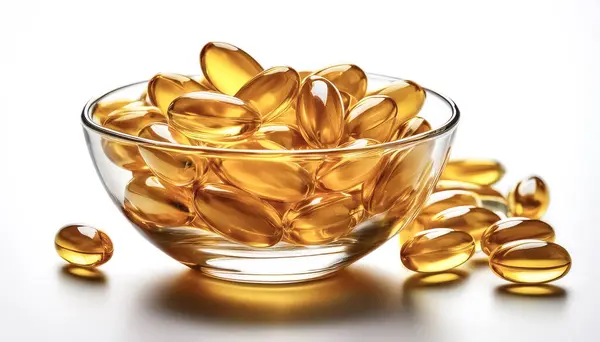 stock image A glass bowl filled with yellow omega capsules isolated on white background emphasizing health and nutrition