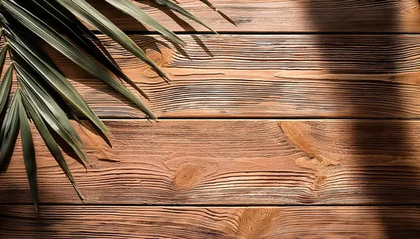 stock image top view of soft brown table with high resolution texture and palm leafs shadows, summer table background with empty space for text or design, soft cozy sunny table backdrop, wooden texture seamless