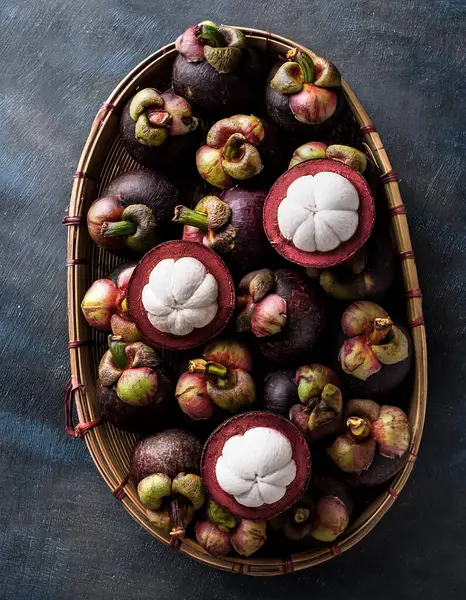 Taze, Pile, Olgun ve sulu mangosteen meyvelerinin genel manzarası. Yaz arkaplanını ikiye böler.