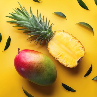 Sarı arka planda izole edilmiş bir mango ve ananas.