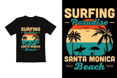 Üzerinde ağaç ve yazı olan bir sörf tahtası olan bir sahil sörfünün vektör çizimi.