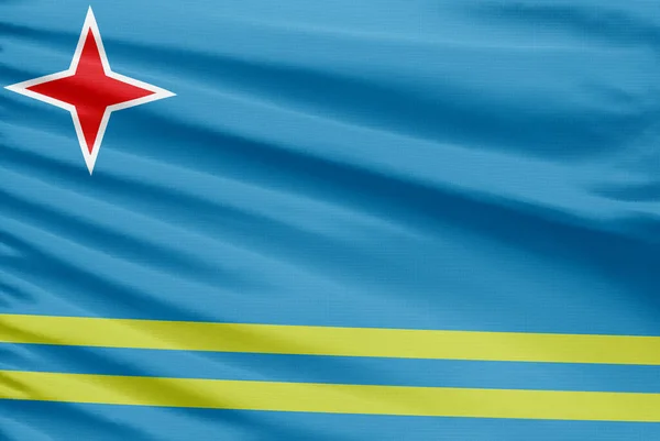 Флаг Арубы Изображен Ткани Спортивного Стежка Складками — стоковое фото