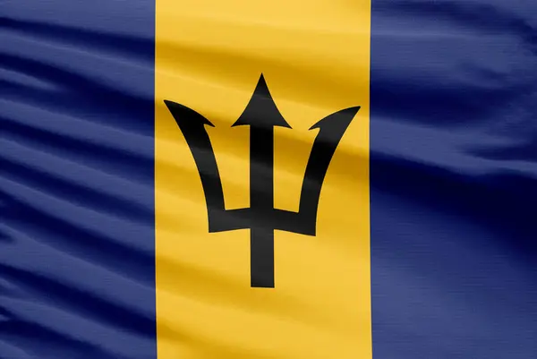 Drapeau Barbade Est Représenté Sur Tissu Tissu Point Sport Avec — Photo