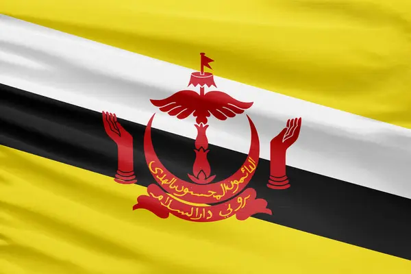 Brunei Darussalam Flaga Jest Przedstawiony Tkaninie Szwy Sportowe Fałdami — Zdjęcie stockowe