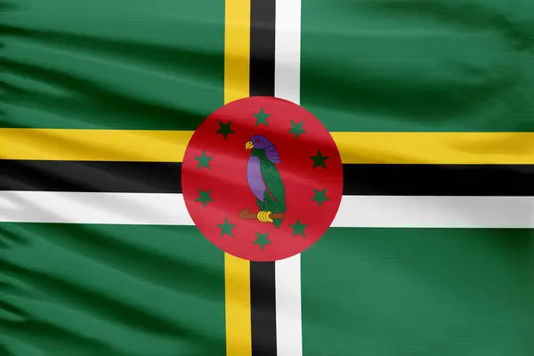 Флаг Доминики Изображен Ткани Складками Спортивных Стежков — стоковое фото