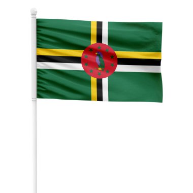 Gerçekçi Dominica bayrağı arka planda izole edilmiş. Dominica bayrağını beyaz metal bir direkte sallıyor..