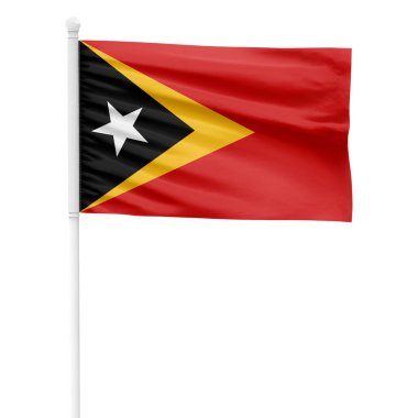 Gerçekçi Doğu Timor bayrağı arka planda izole edilmiş. Doğu Timor bayrağını beyaz metal bir direkte sallıyor..