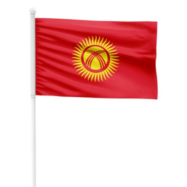 Şeffaf Arkaplan ile Beyaz Metal Kutbunda Gerçekçi Kırgızistan Bayrağı Dalgalanıyor