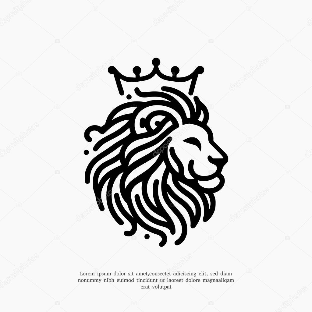 A stylized black and white drawing of a lion's head in profile, facing right, with a crown on its head.