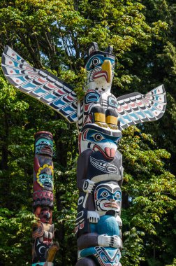 Yerli Amerikan Totem direkleri Stanley Park, Vancouver 'da.