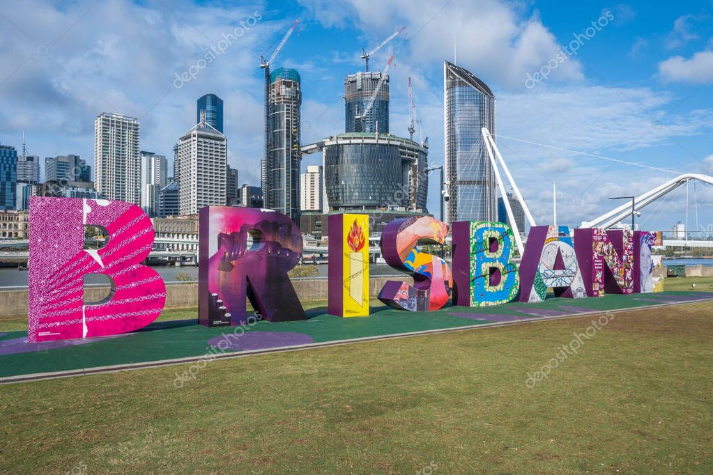 Brisbane, Australia - Sept 4, 2023: Big Brisbane Sign at South Bank Parklands with central business district in the background.