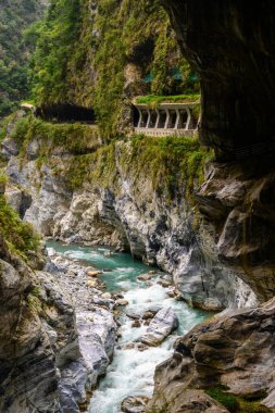 Yeşiller içinde yemyeşil bir vadi, Xiulin, Hualien, Tayvan 'daki Taroko Ulusal Parkı' ndaki Dokuz Viraj Tüneli 'nde dramatik kayalık uçurumlar arasında akan bir nehir manzarası.