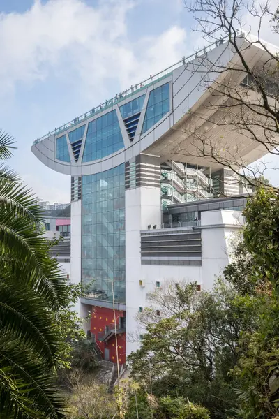 Hong Kong 'daki Victoria Tepesi' ndeki cam pencereli ve düz çatılı Peak Kulesi. İnsanlar çatıda dikilip manzaraya bakıyorlar. Bina ağaçlarla çevrili..