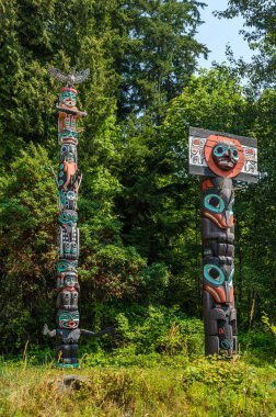 Yerli Amerikan Totem direkleri Stanley Park, Vancouver 'da.
