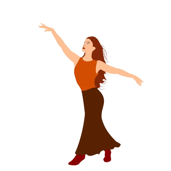 Dziewczyna Tańcząca Długiej Spódnicy Butach Wektorowa Ilustracja Tańczącej Dziewczyny Podniesionymi — Wektor stockowy