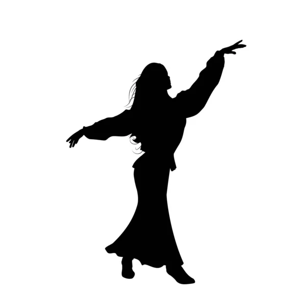 女孩穿着长裙 背心和靴子跳舞 一个女孩的画像 她的胳膊高举到两边 关于妇女的说明 — 图库照片