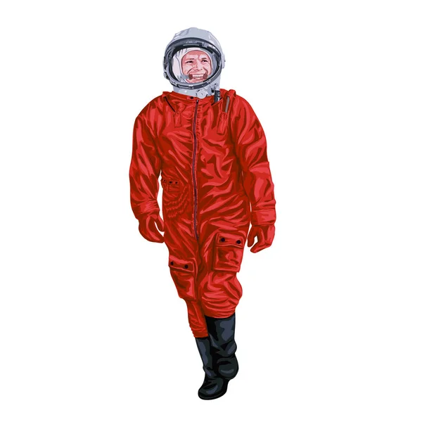 Ilustración Vectorial Del Cosmonauta Yuri Gagarin Caminando Traje Espacial Rojo — Vector de stock