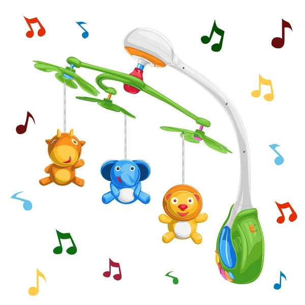 Beşik hareketinin renkli çizimi. Beşiğinde çocuklar için oyuncaklar olan atlı karınca. Çocuklar için Beşik Mobil 'in vektör çizimi. Çocuklar için oyuncak tasvirleri. 