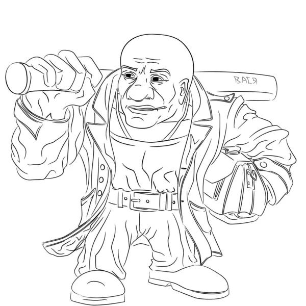 Deri ceketli kel fedainin çizgi çizimi. Deri ceketli ve bordo pantolonlu haraççı ve erkek çantasının vektör çizimi. 90 'lı yıllardan kalma bir haydut. Omzunda sopa, kolunun altında çanta, boynunda altın zincir.