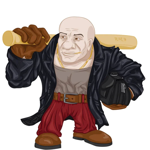 Deri ceketli, beysbol sopalı kel bir fedai. Deri ceketli ve bordo pantolonlu haraççı ve erkek çantasının vektör çizimi. 90 'lı yıllardan kalma bir haydut. Omzunda sopa, kolunun altında çanta, boynunda altın zincir..