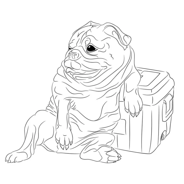 轻松呕吐的线条艺术图解 呕吐犬靠在便携式冰箱上的矢量图解 呕吐物在休息 它的爪子靠在便携式冰箱上 病媒中的狗的图解 — 图库矢量图片